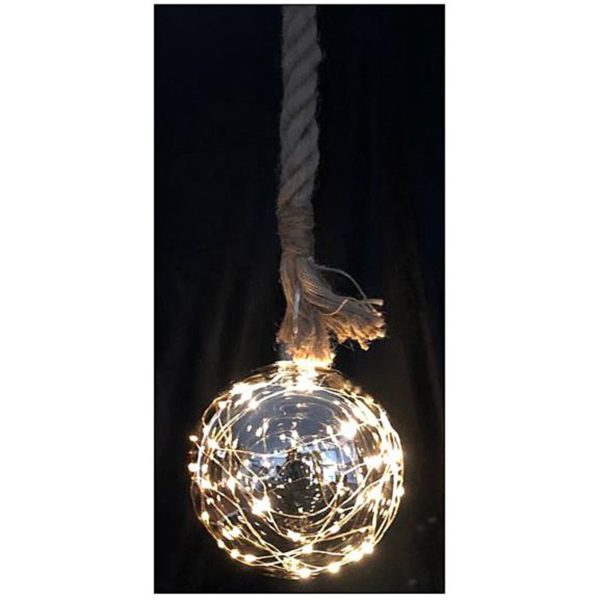 Glazen bal met 30 LED's - 15cm - jute touw 100cm
