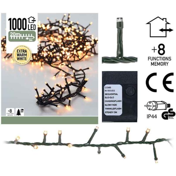 Micro Cluster - 1000 LED - 20 meter - extra warm wit - 8 functies + geheugen