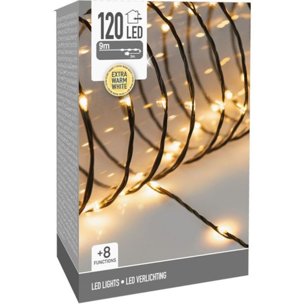 LED Verlichting 120 LED - 9 meter - extra warm wit - voor binnen en buiten - 8 Lichtfuncties - Soft Wire