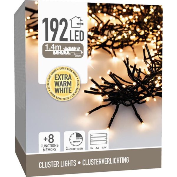 Clusterverlichting 192 led -  1.4m - extra warm wit - Batterij - Lichtfuncties - Geheugen - Timer