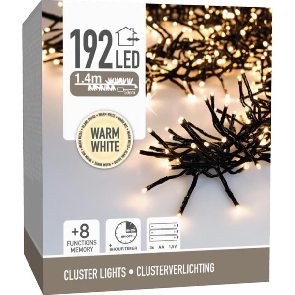 Clusterverlichting 192 led -  1.4m - warm wit - Batterij - Lichtfuncties - Geheugen - Timer