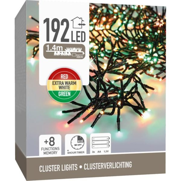 Clusterverlichting 192 led -  1.4m - three tone traditional - Batterij - Lichtfuncties - Geheugen - Timer