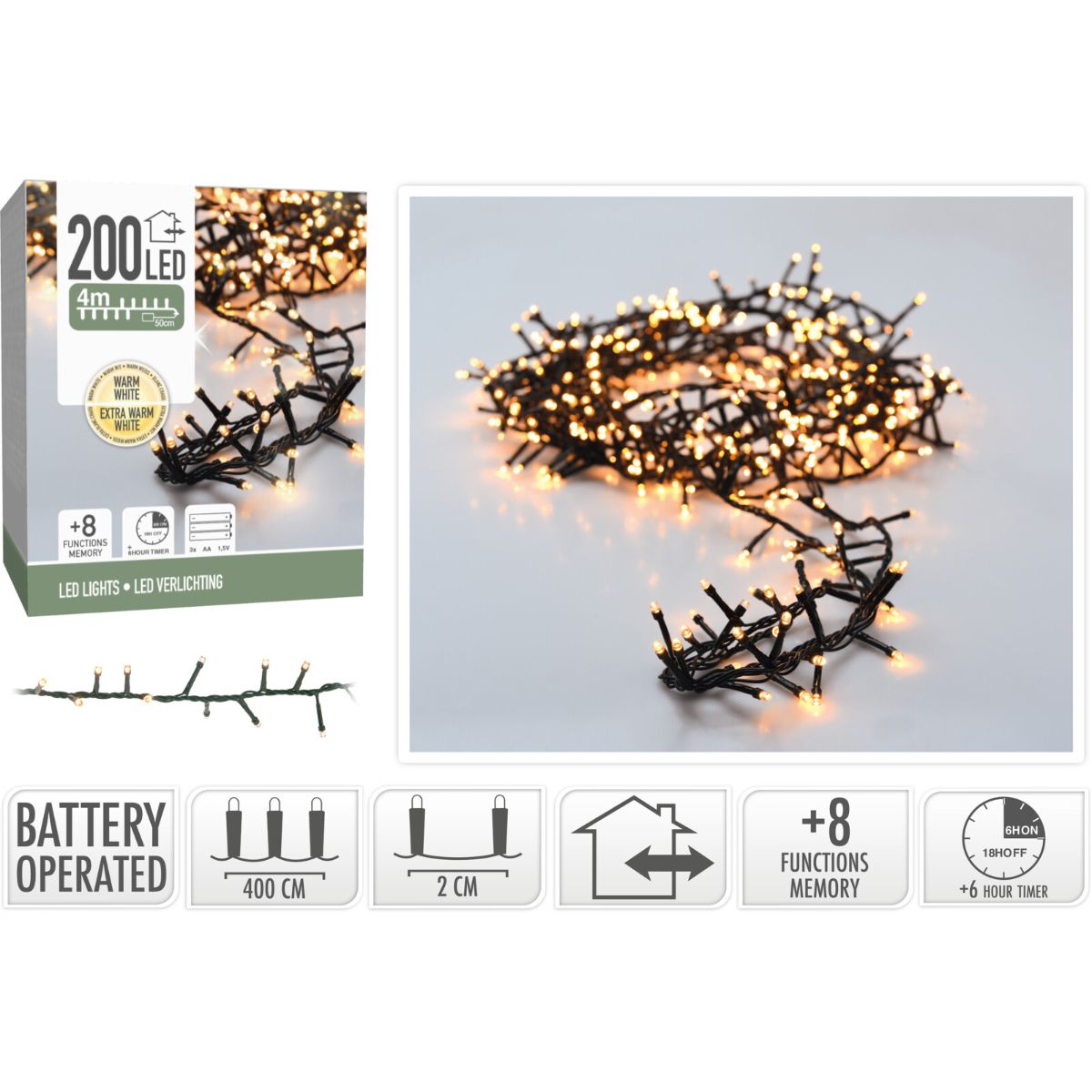 Micro Cluster 200 led - 4m - two tone romantic - Batterij - Lichtfuncties - Geheugen - Timer Micro Cluster 200 led - 4m - two tone romantic - Batterij - Lichtfuncties - Geheugen - Timer