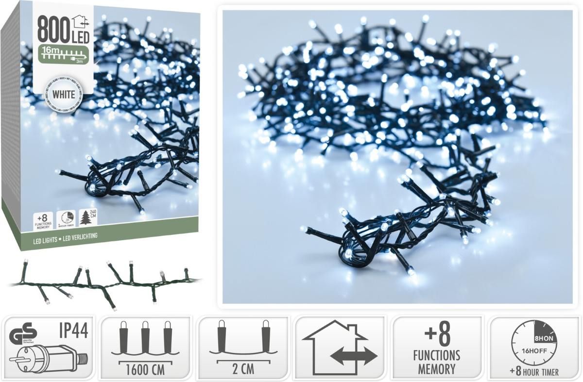 Microcluster - 800 led - 16m - Wit - Timer - Lichtfuncties - Geheugen - Buiten Microcluster - 800 led - 16m - Wit - Timer - Lichtfuncties - Geheugen - Buiten