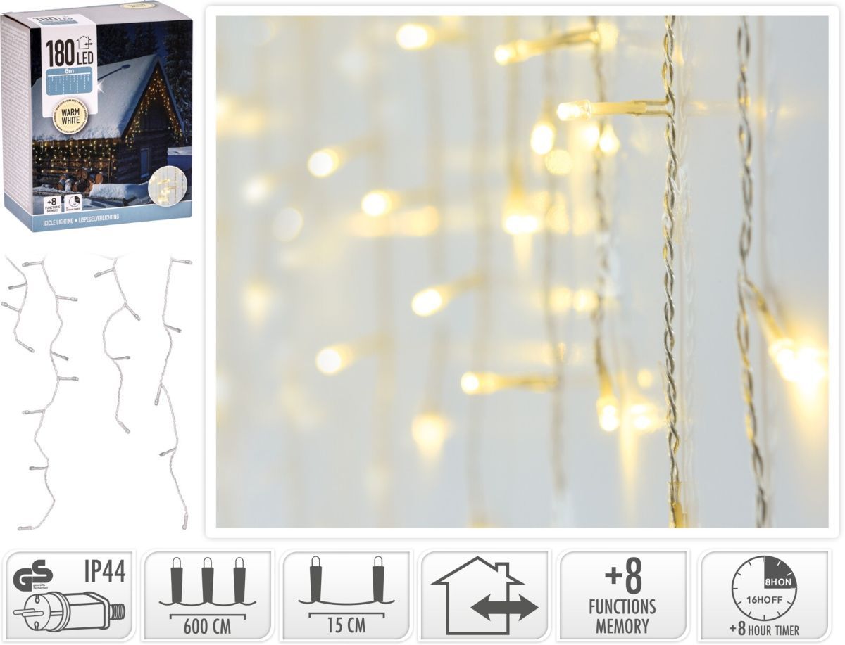 IJspegel verlichting 180 LED - warm wit - Lichtfuncties - Timer - Transparant snoer IJspegel verlichting 180 LED - warm wit - Lichtfuncties - Timer - Transparant snoer