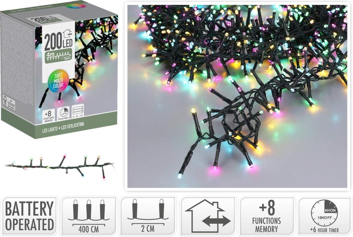 Micro Cluster 200 led - 4m - Soft Multi Colour - Batterij - Lichtfuncties - Geheugen - Timer Micro Cluster 200 led - 4m - Soft Multi Colour - Batterij - Lichtfuncties - Geheugen - Timer