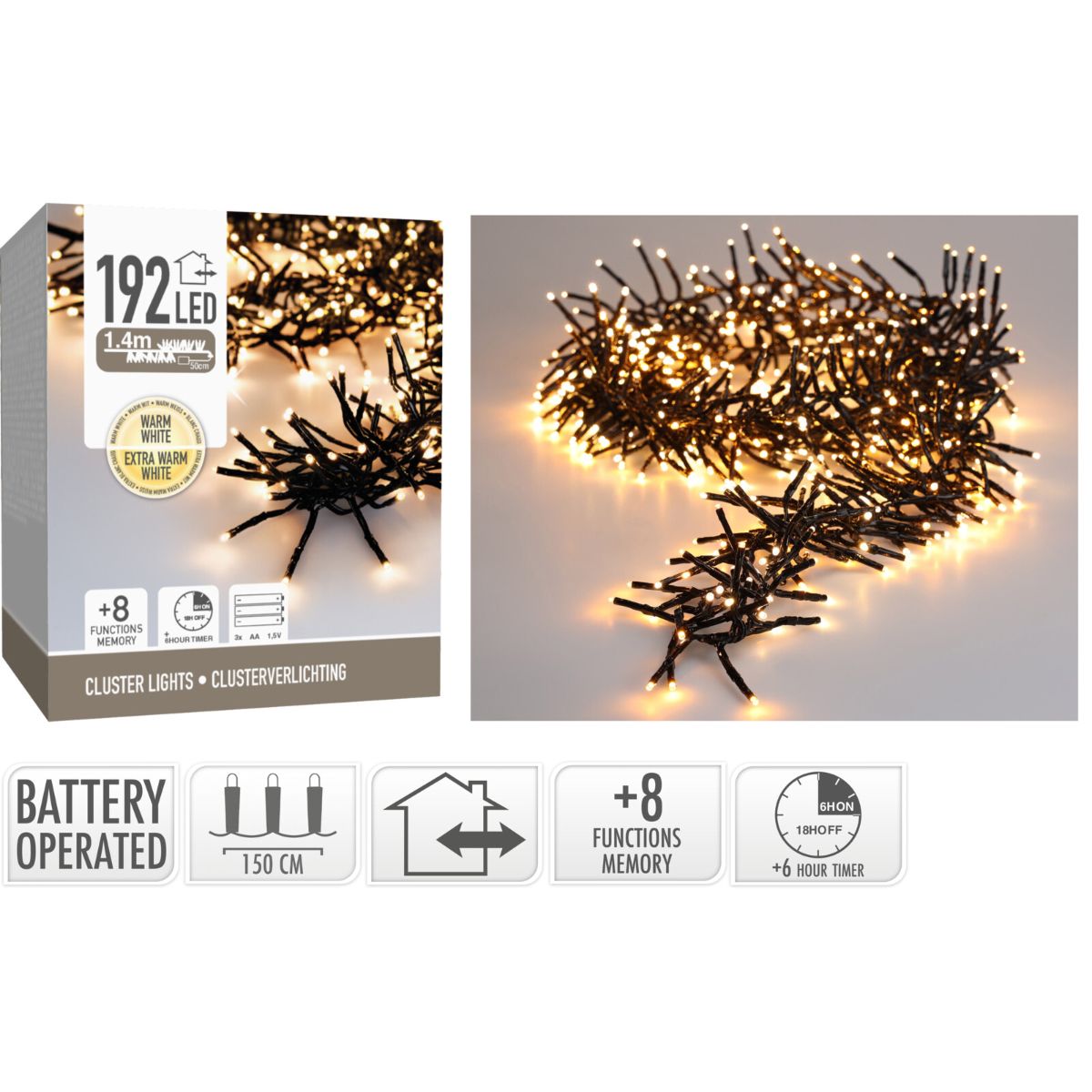 Clusterverlichting 192 led - 1.4m - two tone romantic - Batterij - Lichtfuncties - Geheugen - Timer Clusterverlichting 192 led - 1.4m - two tone romantic - Batterij - Lichtfuncties - Geheugen - Timer - Afbeelding 2