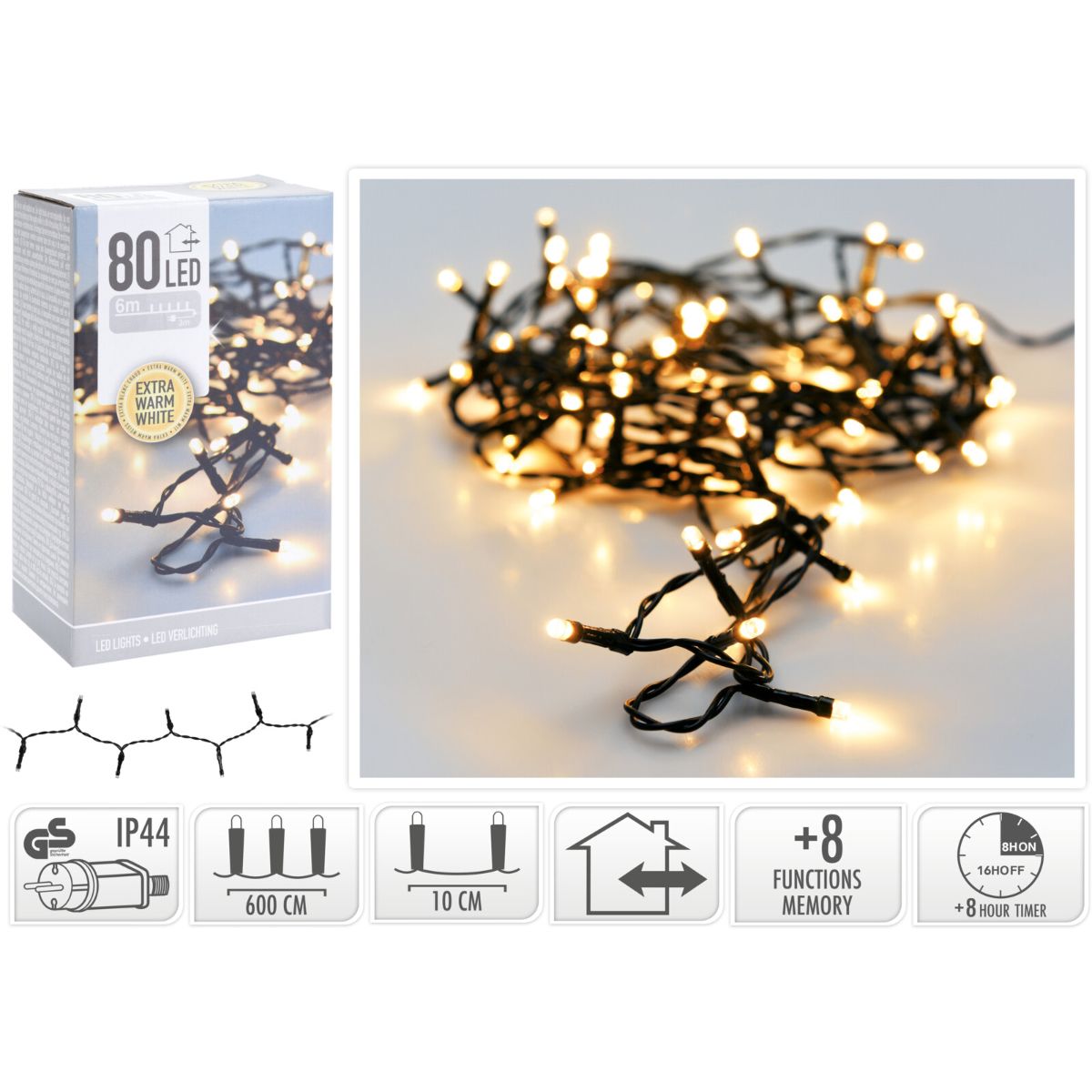 Kerstverlichting 80 led- 6m - extra warm wit - Timer - Lichtfuncties - Geheugen - Buiten Kerstverlichting 80 led- 6m - extra warm wit - Timer - Lichtfuncties - Geheugen - Buiten - Afbeelding 2