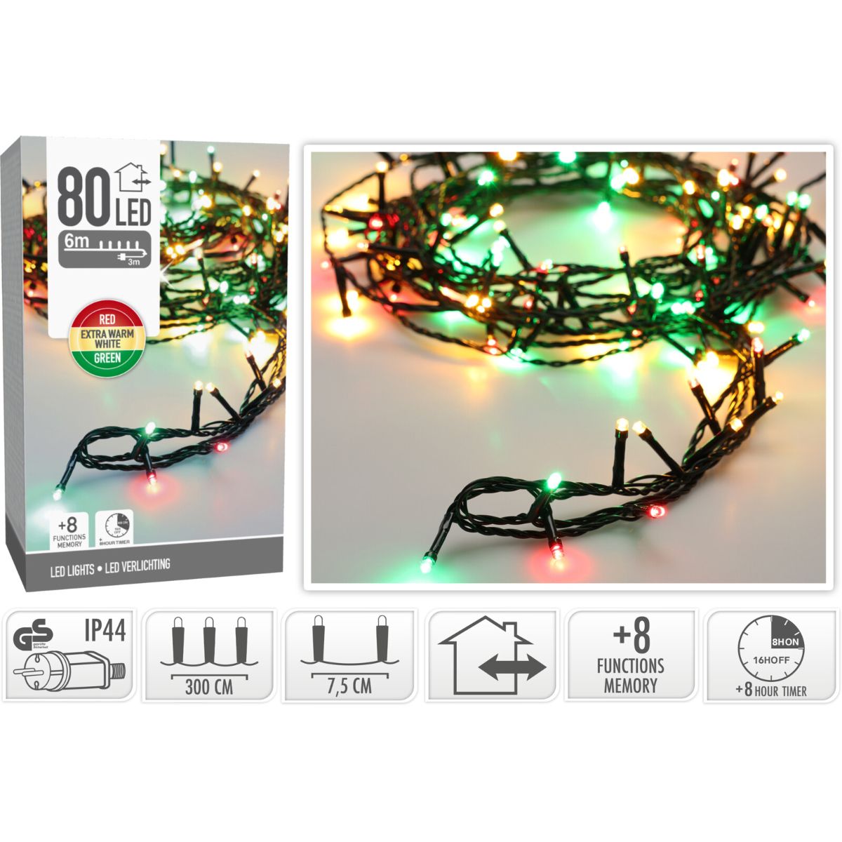 Kerstverlichting 80 led- 6m - three tone traditional - Timer - Lichtfuncties - Geheugen - Buiten Kerstverlichting 80 led- 6m - three tone traditional - Timer - Lichtfuncties - Geheugen - Buiten - Afbeelding 2