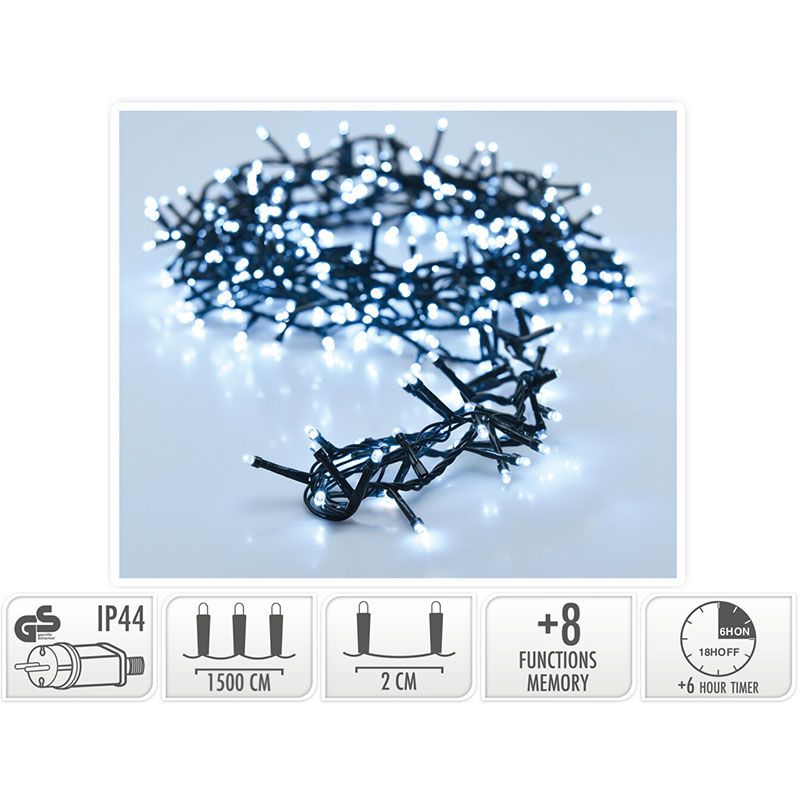 Micro Cluster met Haspel - 750 LED - 15 meter - met timer - wit Micro Cluster met Haspel - 750 LED - 15 meter - met timer - wit