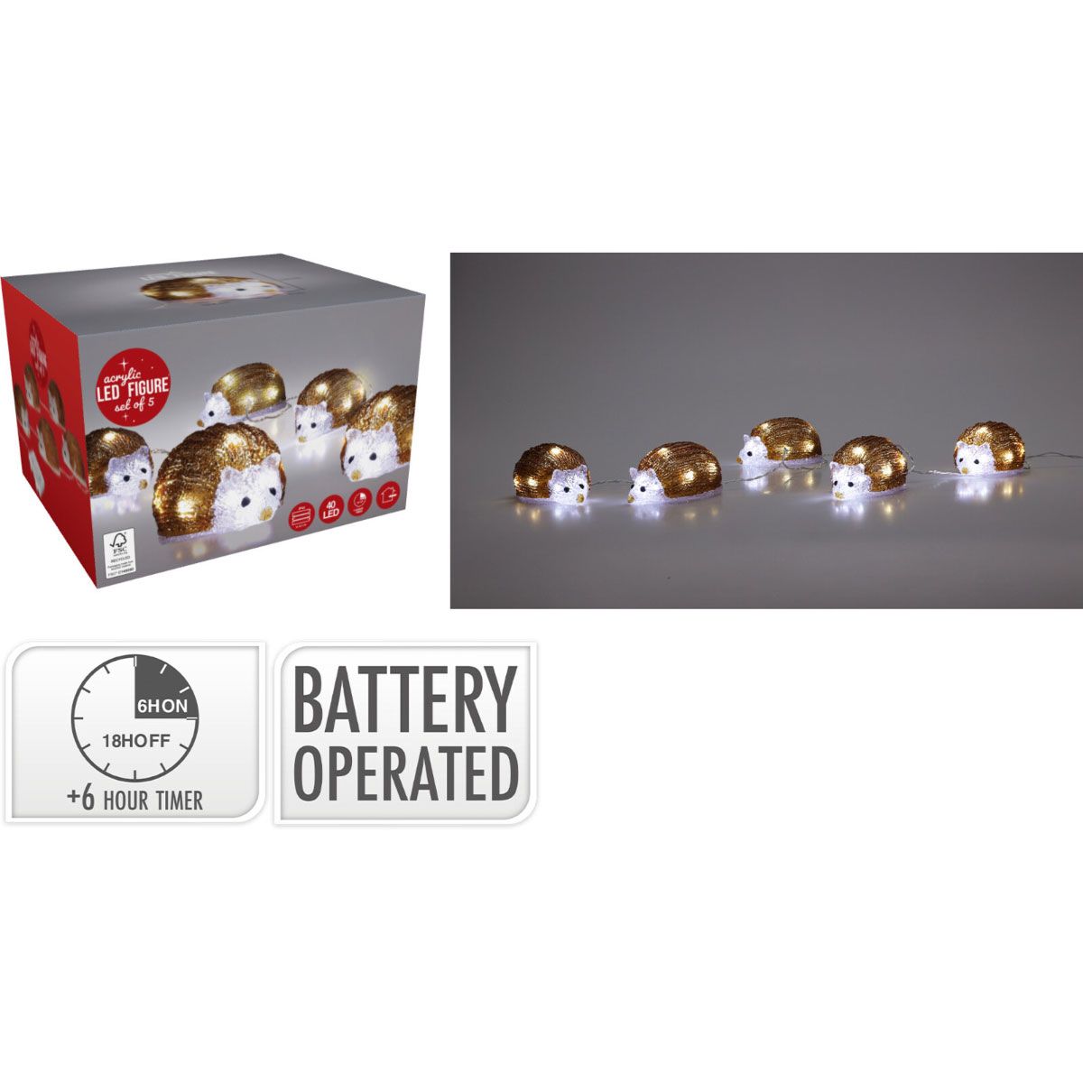 Kerstfiguur Acryl - Egels - LED - set van 5 Kerstfiguur Acryl - Egels - LED - set van 5