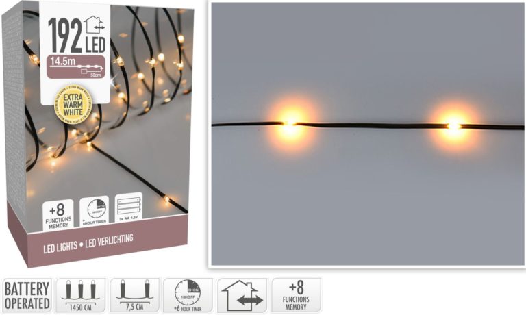 LED Verlichting  192 LED - extra warm wit - op batterij - 8 Lichtfuncties - Timer - Soft Wire
