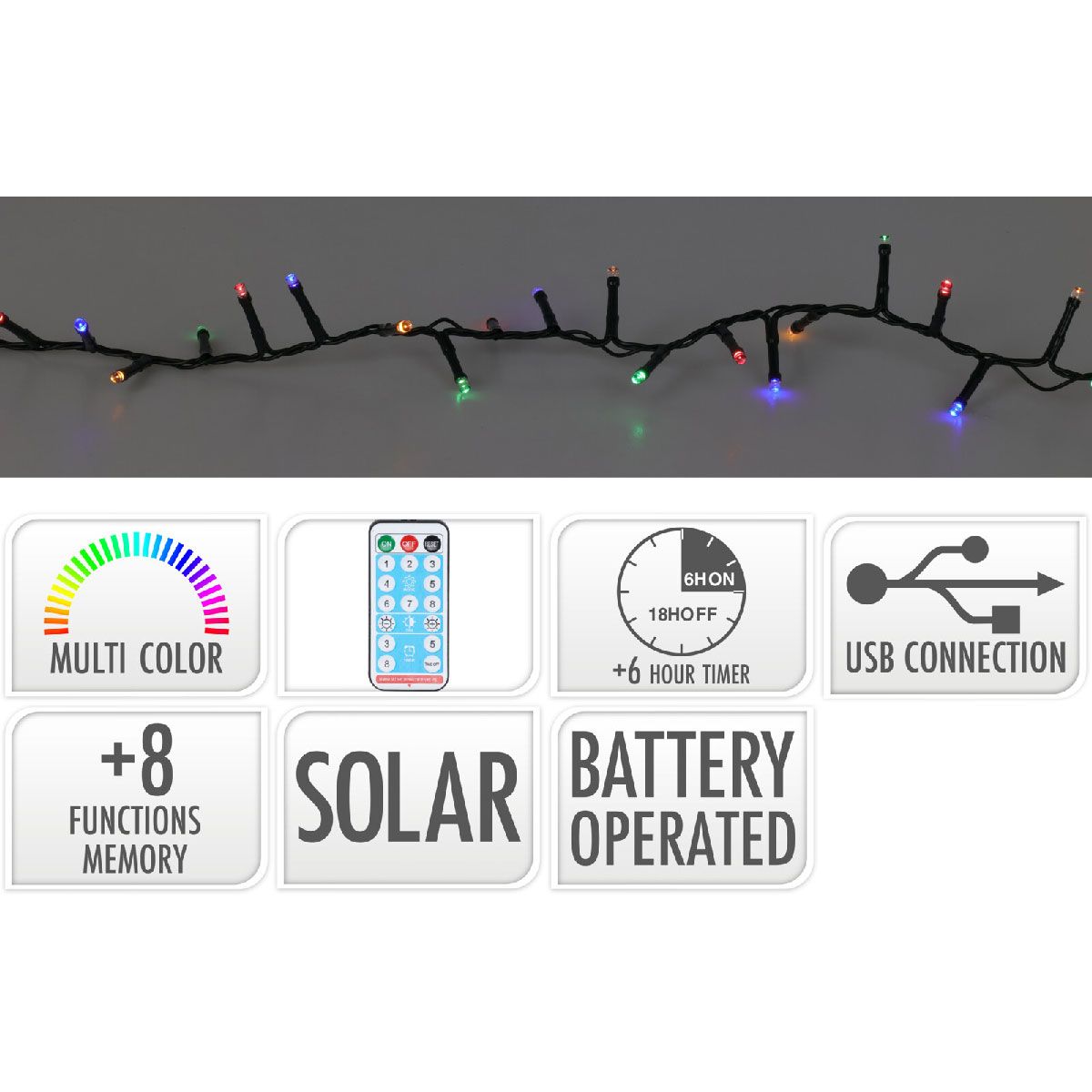 Solar Led Verlichting - 21.5 meter - 480 led - Multicolor - USB oplaadbaar - Afstandsbediening Solar Led Verlichting - 21.5 meter - 480 led - Multicolor - USB oplaadbaar - Afstandsbediening