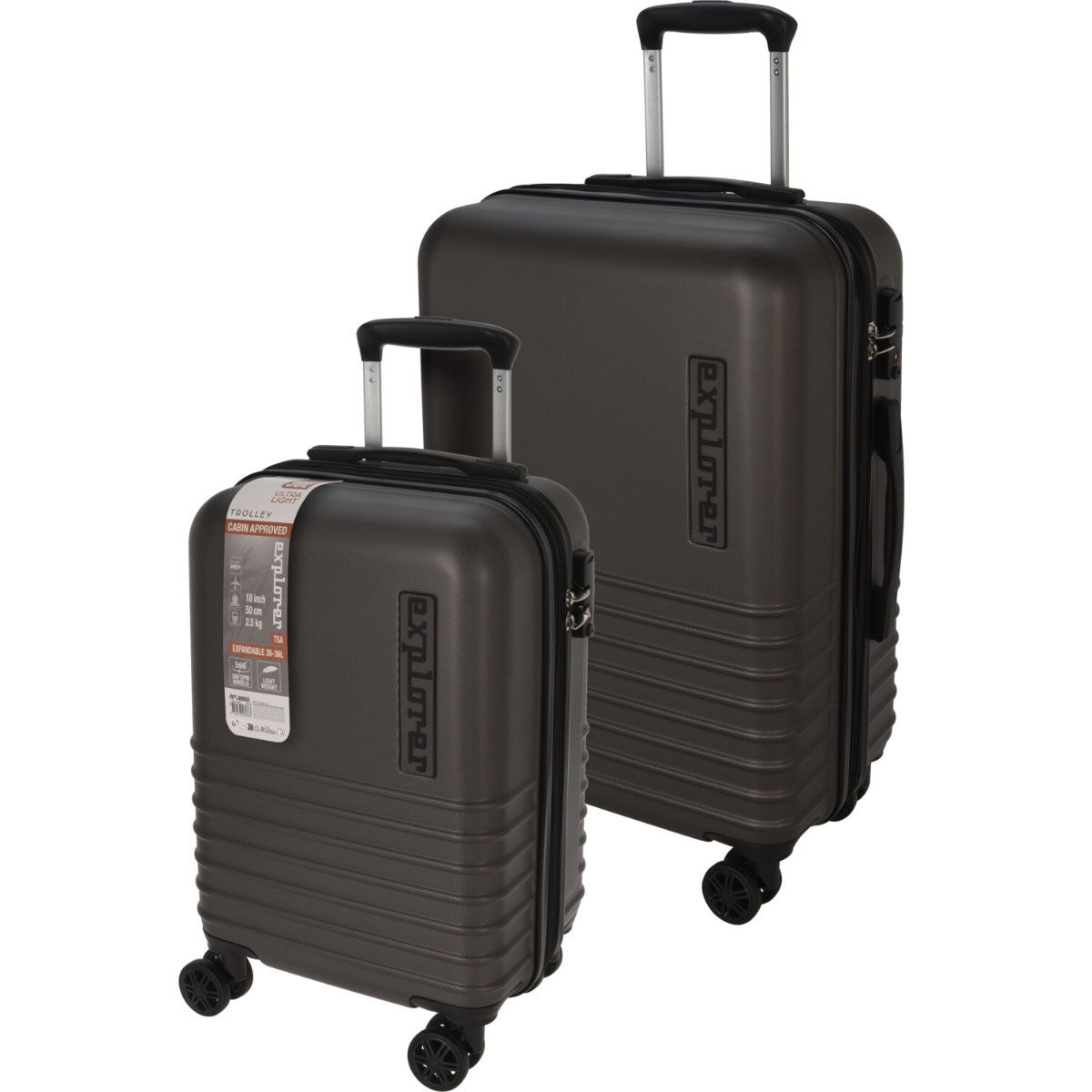 Explorer Kofferset - 2 Delig - 36L Handbagage + 60L Ruimbagage - TSA Slot - Expandable -Donkergrijs Explorer Kofferset - 2 Delig - 36L Handbagage + 60L Ruimbagage - TSA Slot - Expandable -Donkergrijs