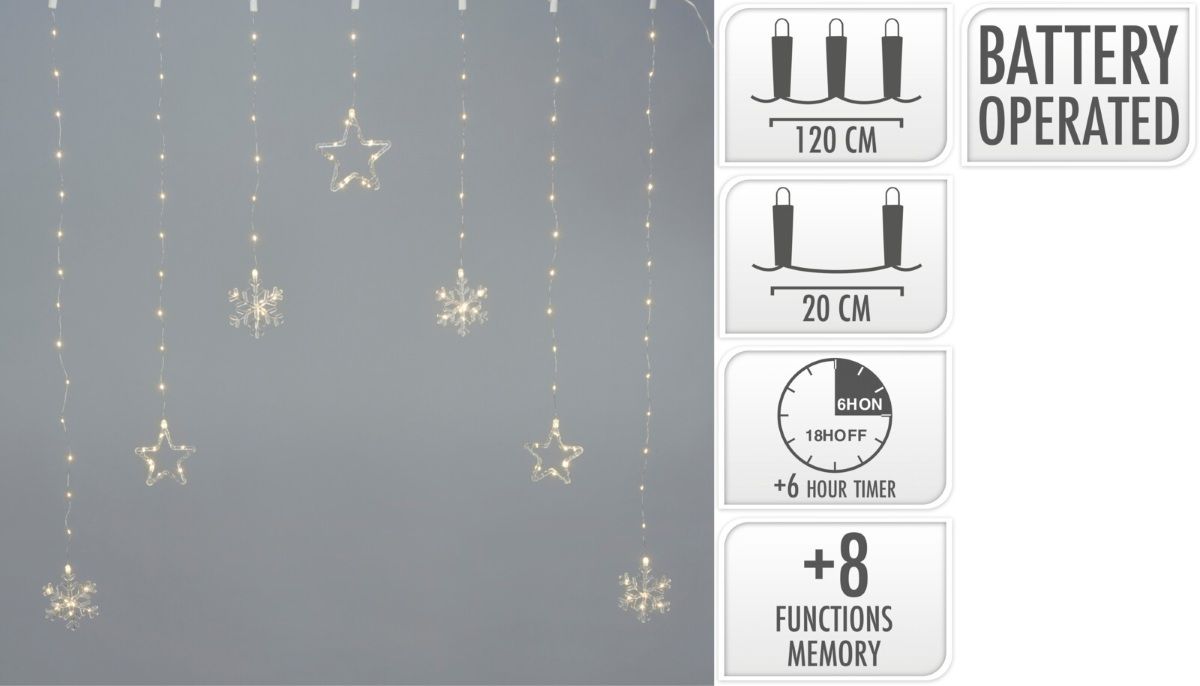 Kerstverlichting Lichtgordijn -Sterren - Sneeuwvlokken - 120x120cm - op batterijen Kerstverlichting Lichtgordijn -Sterren - Sneeuwvlokken - 120x120cm - op batterijen