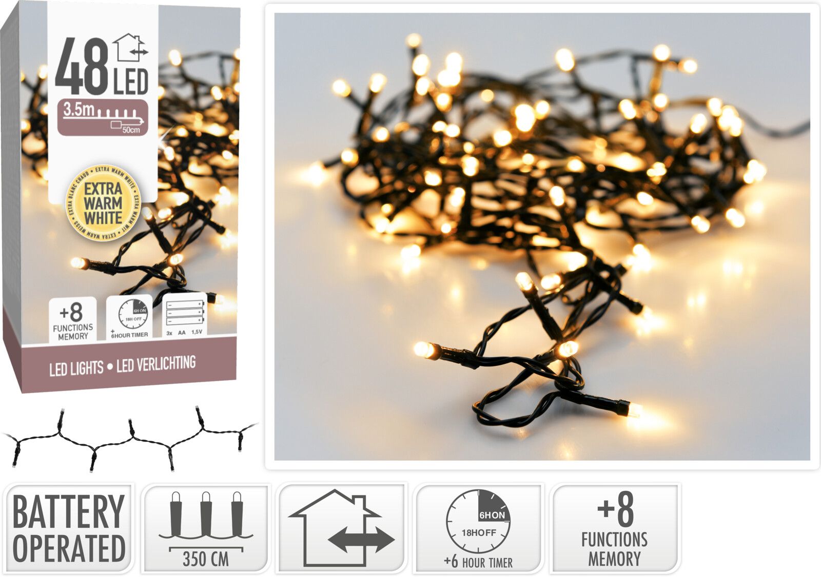 Kerstverlichting 48 led - 3.50m - extra warm wit - Batterij - Lichtfuncties - Geheugen - Timer Kerstverlichting 48 led - 3.50m - extra warm wit - Batterij - Lichtfuncties - Geheugen - Timer