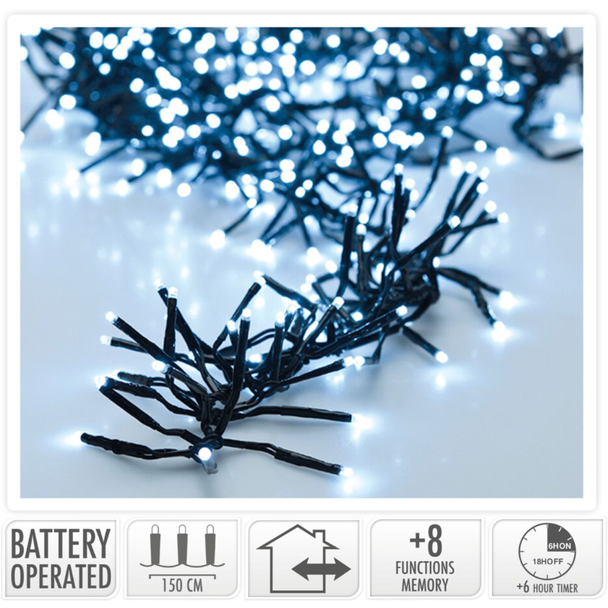 Clusterverlichting 192 led - 1.4m - wit - Batterij - Lichtfuncties - Geheugen - Timer Clusterverlichting 192 led - 1.4m - wit - Batterij - Lichtfuncties - Geheugen - Timer