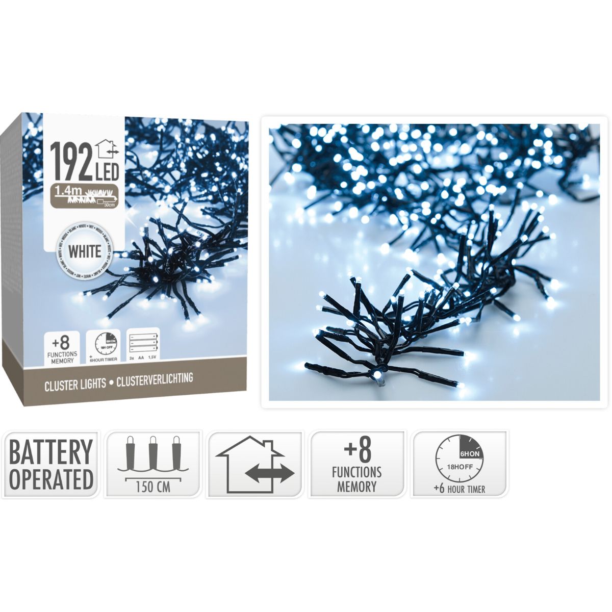 Clusterverlichting 192 led - 1.4m - wit - Batterij - Lichtfuncties - Geheugen - Timer Clusterverlichting 192 led - 1.4m - wit - Batterij - Lichtfuncties - Geheugen - Timer - Afbeelding 2