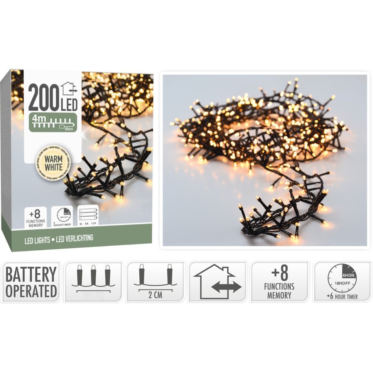 Micro Cluster 200 led - 4m - warm wit - Batterij - Lichtfuncties - Geheugen - Timer Micro Cluster 200 led - 4m - warm wit - Batterij - Lichtfuncties - Geheugen - Timer - Afbeelding 2