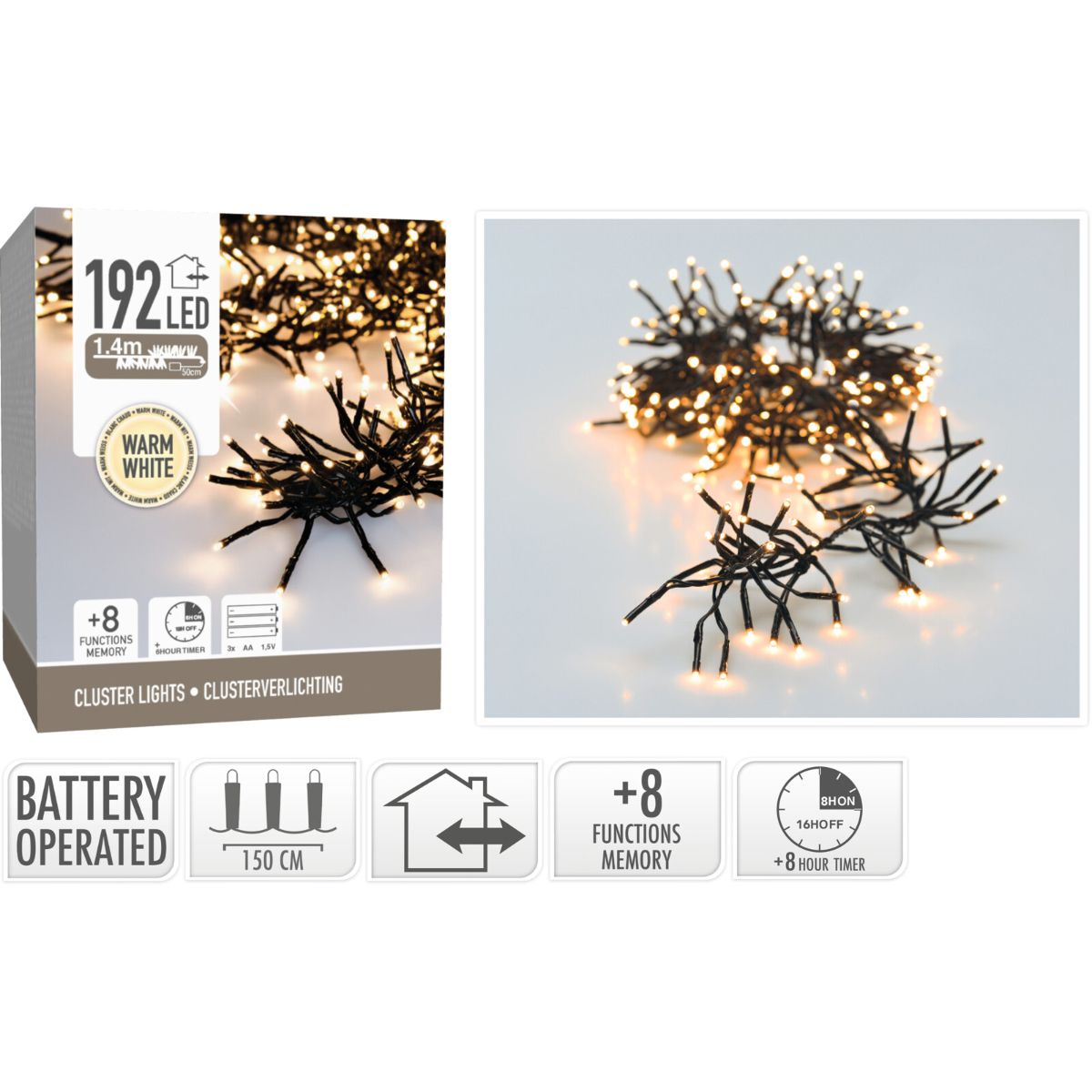 Clusterverlichting 192 led - 1.4m - warm wit - Batterij - Lichtfuncties - Geheugen - Timer Clusterverlichting 192 led - 1.4m - warm wit - Batterij - Lichtfuncties - Geheugen - Timer - Afbeelding 2