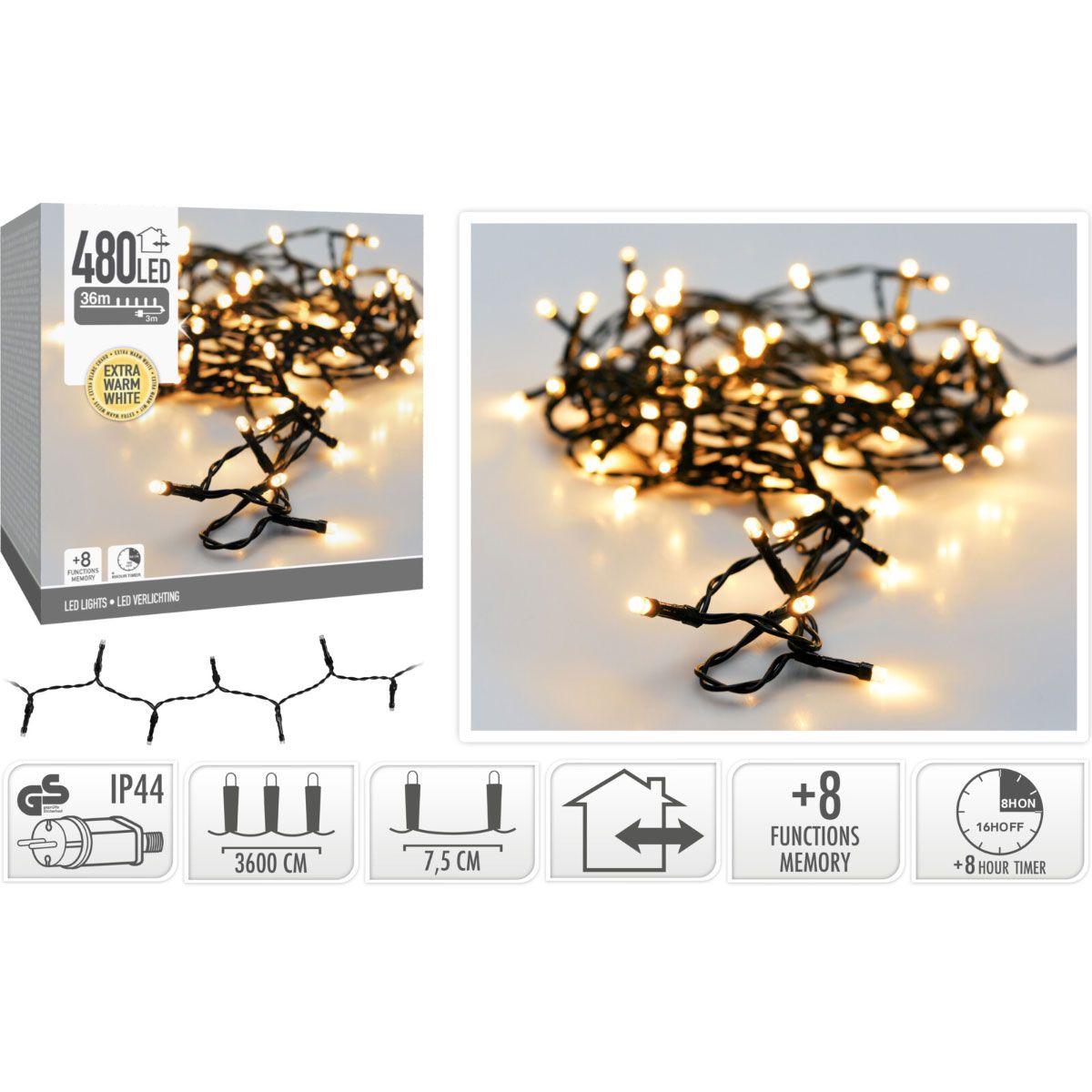 Kerstverlichting 480 led- 36m - extra warm wit - Timer - Lichtfuncties - Geheugen - Buiten Kerstverlichting 480 led- 36m - extra warm wit - Timer - Lichtfuncties - Geheugen - Buiten