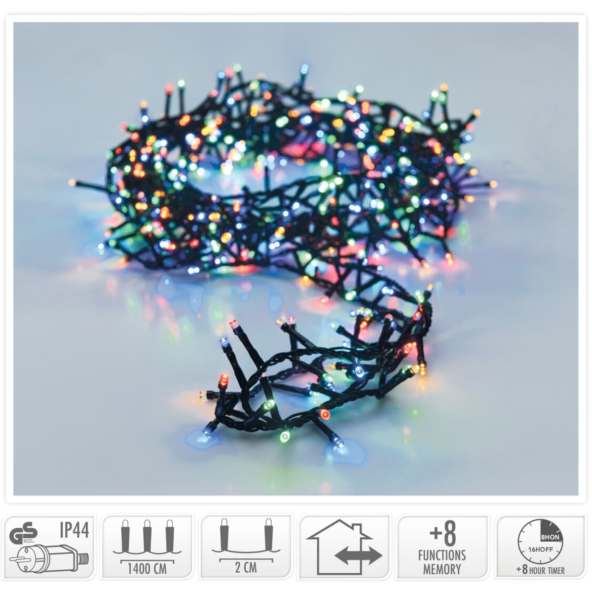 Microcluster - 700 led - 14m - multicolor - Timer - Lichtfuncties - Geheugen - Buiten Microcluster - 700 led - 14m - multicolor - Timer - Lichtfuncties - Geheugen - Buiten