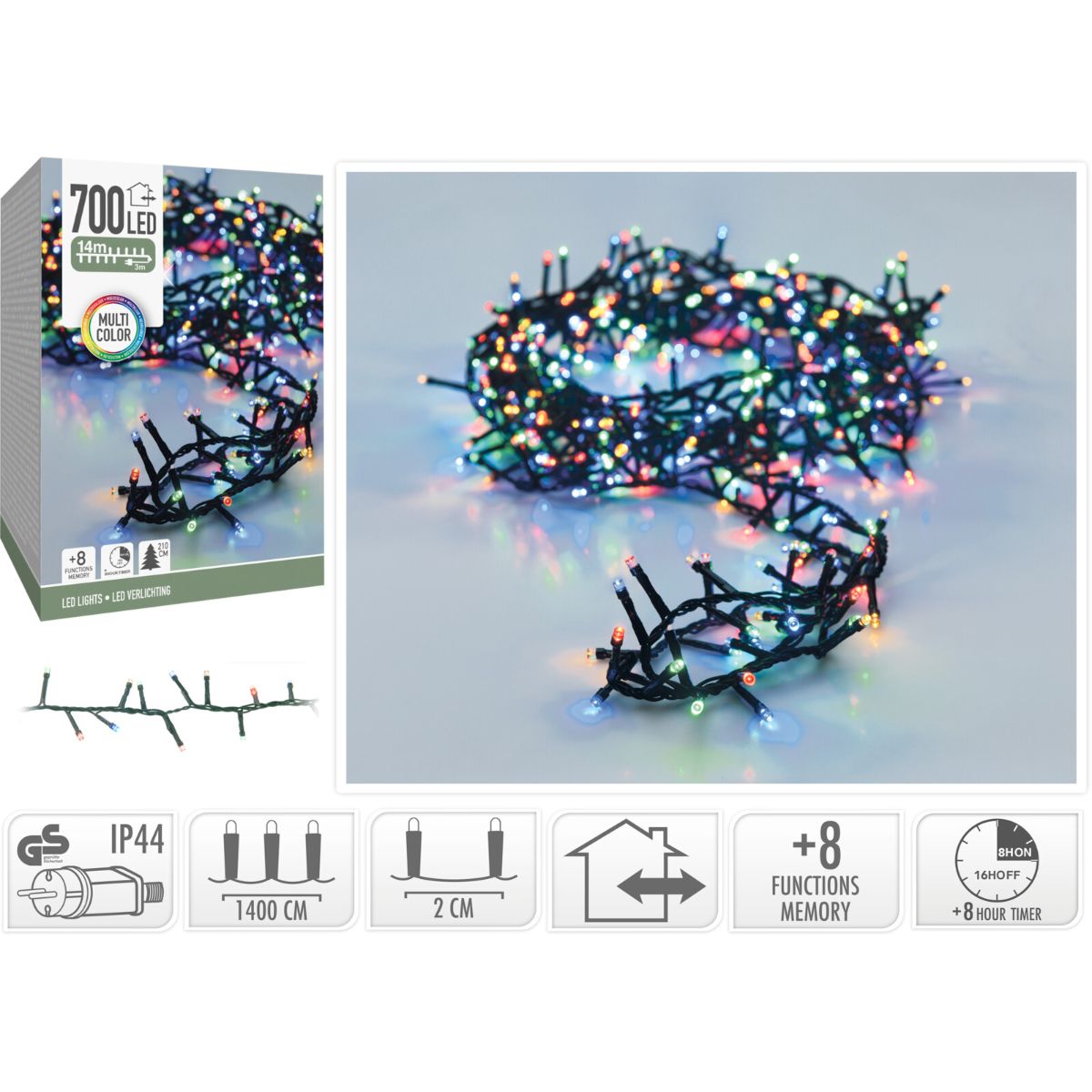 Microcluster - 700 led - 14m - multicolor - Timer - Lichtfuncties - Geheugen - Buiten Microcluster - 700 led - 14m - multicolor - Timer - Lichtfuncties - Geheugen - Buiten - Afbeelding 2