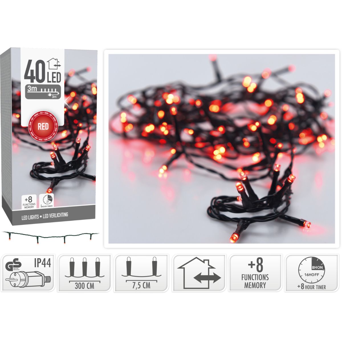 Kerstverlichting 40 led- 3m - rood - Timer - Lichtfuncties - Geheugen - Buiten Kerstverlichting 40 led- 3m - rood - Timer - Lichtfuncties - Geheugen - Buiten - Afbeelding 2