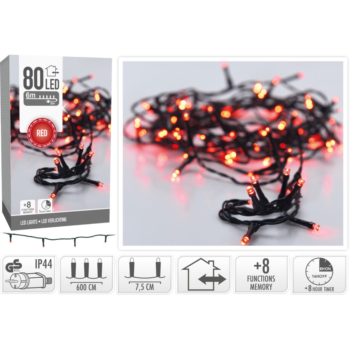 Kerstverlichting 80 led- 6m - rood - Timer - Lichtfuncties - Geheugen - Buiten Kerstverlichting 80 led- 6m - rood - Timer - Lichtfuncties - Geheugen - Buiten - Afbeelding 2
