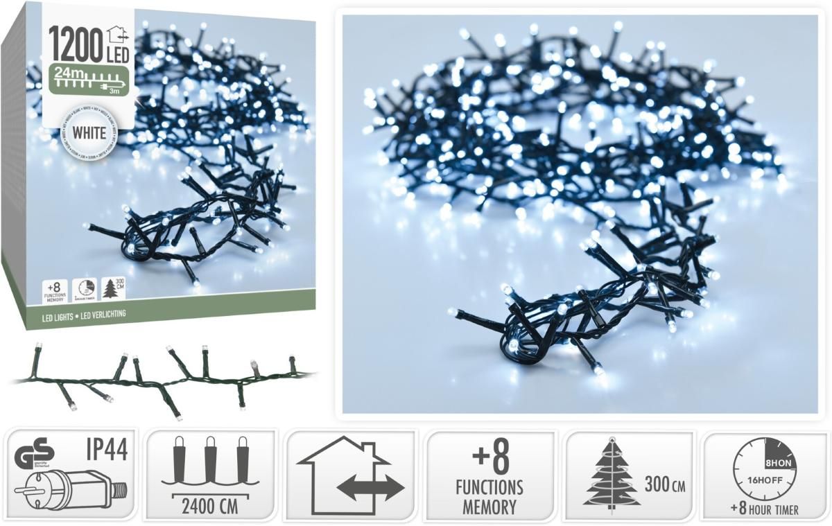 Microcluster - 1200 led - 24m - Wit - Timer - Lichtfuncties - Geheugen - Buiten Microcluster - 1200 led - 24m - Wit - Timer - Lichtfuncties - Geheugen - Buiten