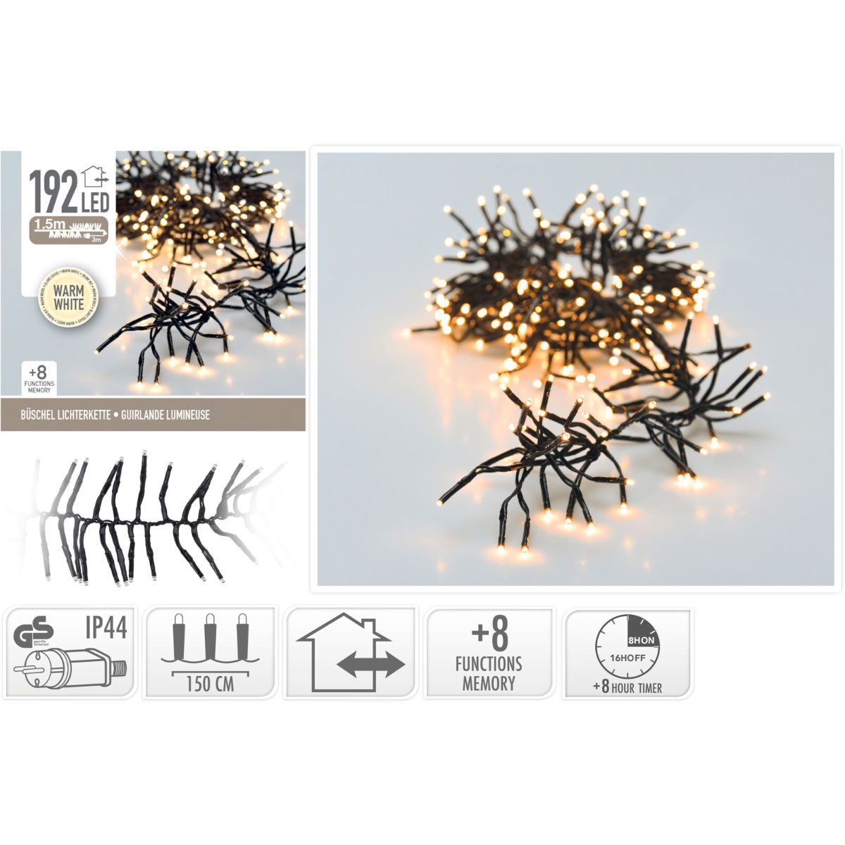 Clusterverlichting - 192 LED - 1.4m - Timer - Lichtfuncties - warm wit Clusterverlichting - 192 LED - 1.4m - Timer - Lichtfuncties - warm wit