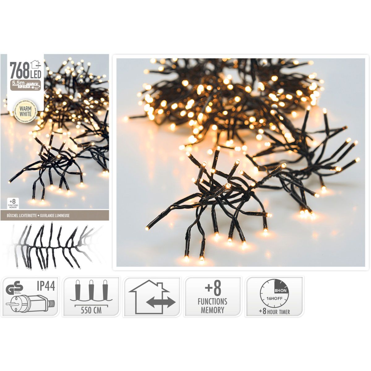 Clusterverlichting - 768 LED - 5.5m - Timer - Lichtfuncties - warm wit Clusterverlichting - 768 LED - 5.5m - Timer - Lichtfuncties - warm wit
