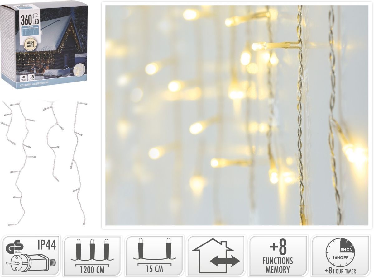 IJspegel verlichting 360 LED - warm wit - Lichtfuncties - Timer - Transparant snoer IJspegel verlichting 360 LED - warm wit - Lichtfuncties - Timer - Transparant snoer