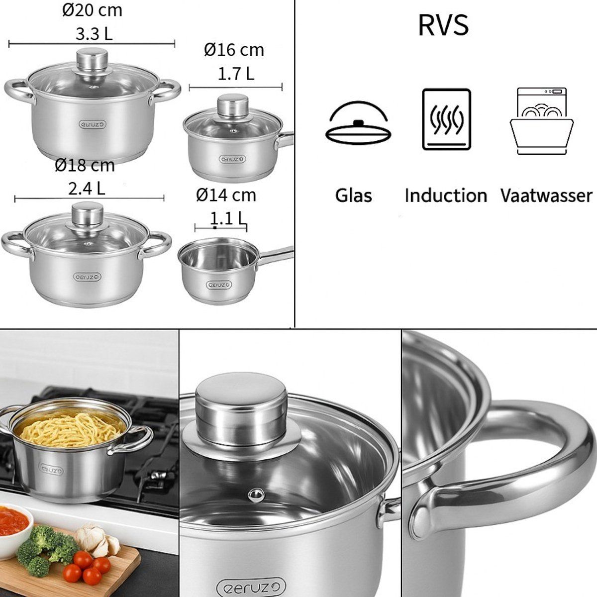 Ceruzo Pannenset 8-delig - alle Warmtebronnen - Inductie Ceruzo Pannenset 8-delig - alle Warmtebronnen - Inductie - Afbeelding 4
