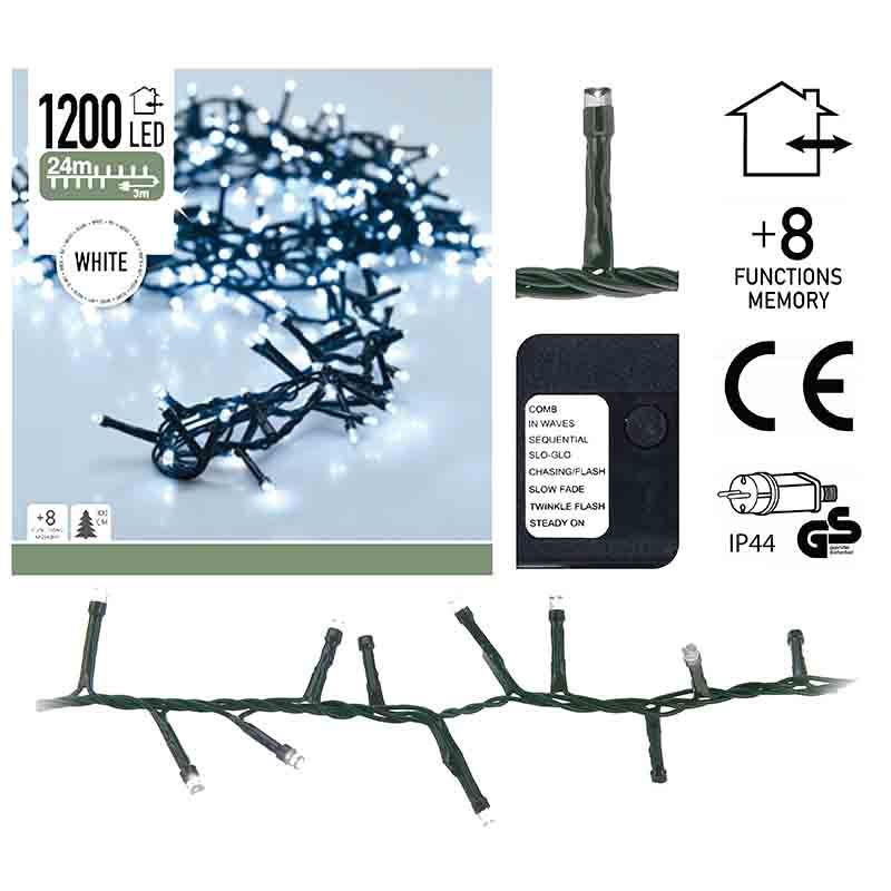 Micro Cluster 1200 LED's - 24 meter - wit - 8 functies + geheugen Micro Cluster 1200 LED's - 24 meter - wit - 8 functies + geheugen - Afbeelding 2